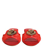 Dolce & Gabbana Red Devotion Lace Flats Slip On Sandals Shoes