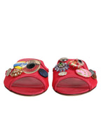 Dolce & Gabbana Red Embellished Flats Slip On Sandals Shoes