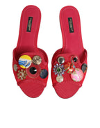 Dolce & Gabbana Red Embellished Flats Slip On Sandals Shoes