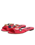 Dolce & Gabbana Red Embellished Flats Slip On Sandals Shoes