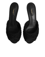 Dolce & Gabbana Black Embroidered Slip On Heels Slides Shoes