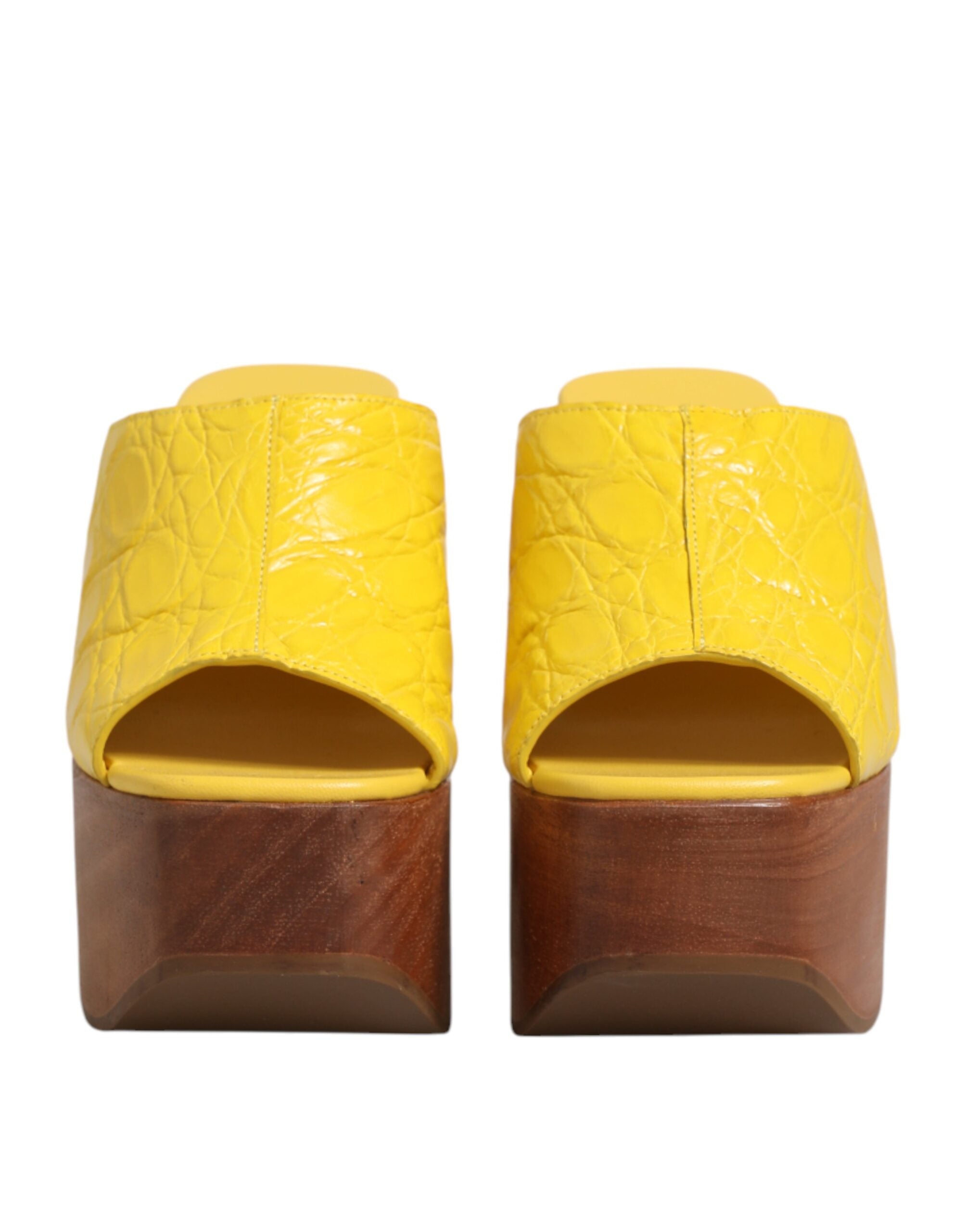 Dolce & Gabbana Yellow Leather Wood Mule Wedge Slides Shoes