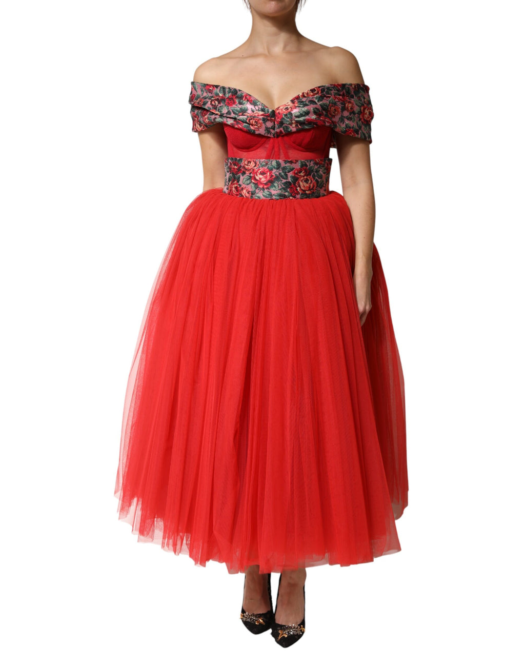 Dolce & Gabbana Red Floral Off Shoulder A-line Gown Dress - DR81979-38
