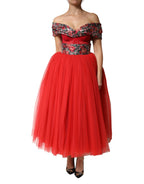Dolce & Gabbana Red Floral Off Shoulder A-line Gown Dress - DR81979-38