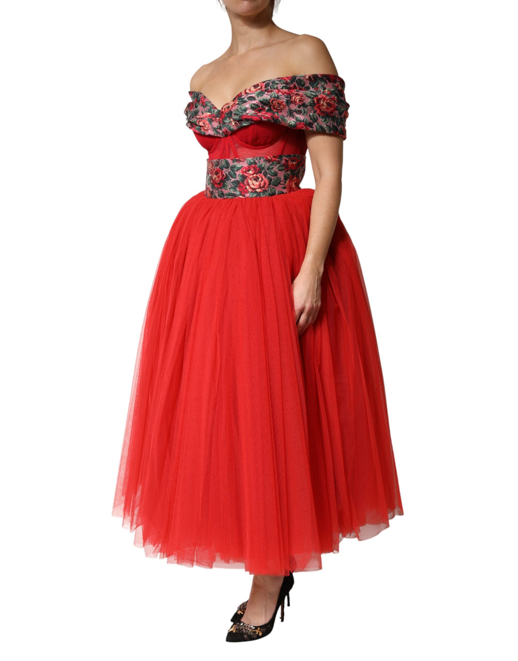 Dolce & Gabbana Red Floral Off Shoulder A-line Gown Dress - DR81979-38
