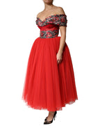 Dolce & Gabbana Red Floral Off Shoulder A-line Gown Dress - DR81979-38
