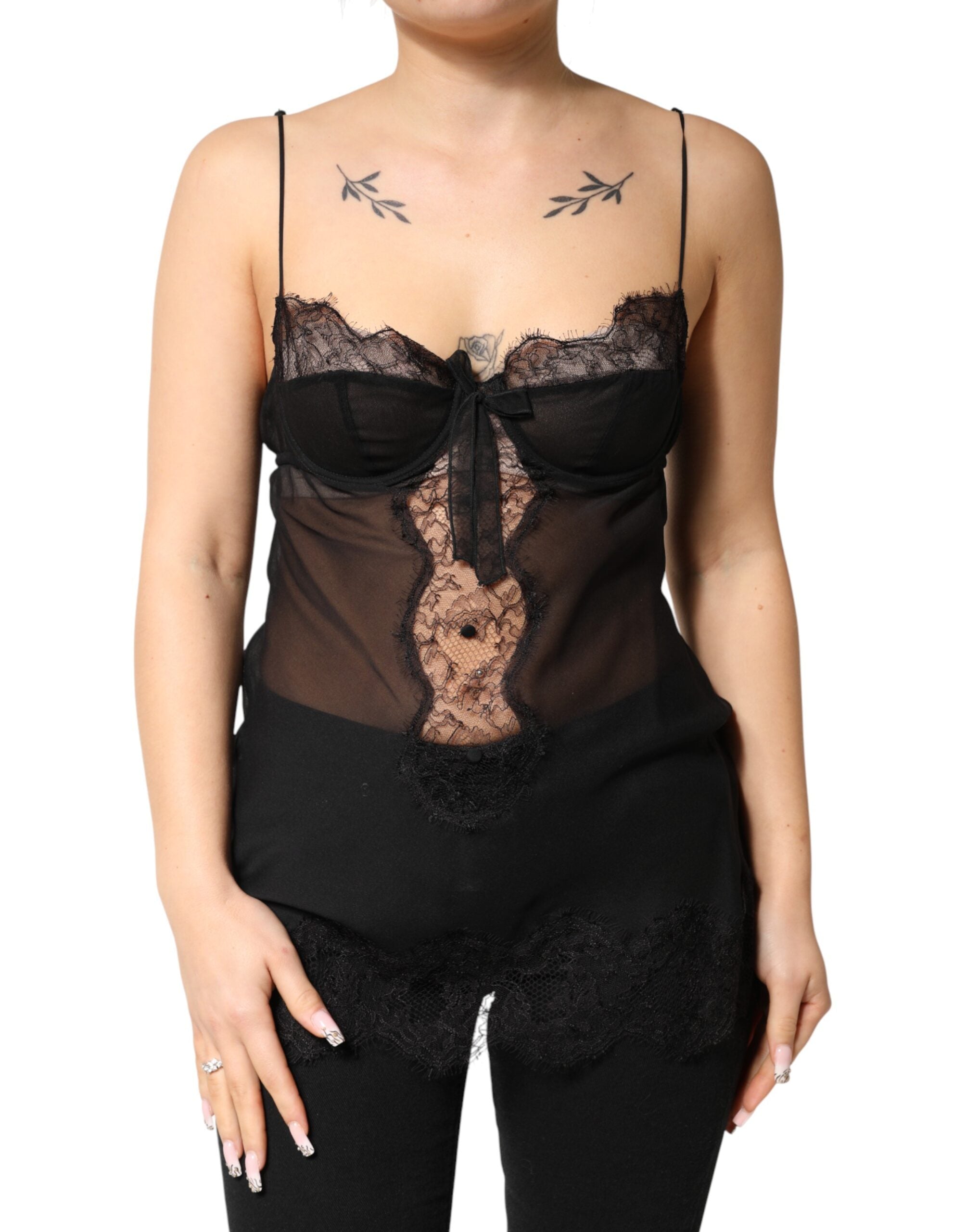 Dolce & Gabbana Black Silk Floral Lace Chemise Lingerie Top