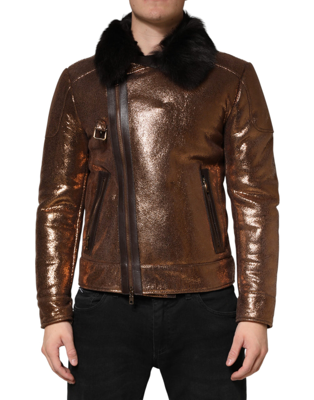 Dolce & Gabbana Bronze Leather Fur Full Zip Men Biker Jacket